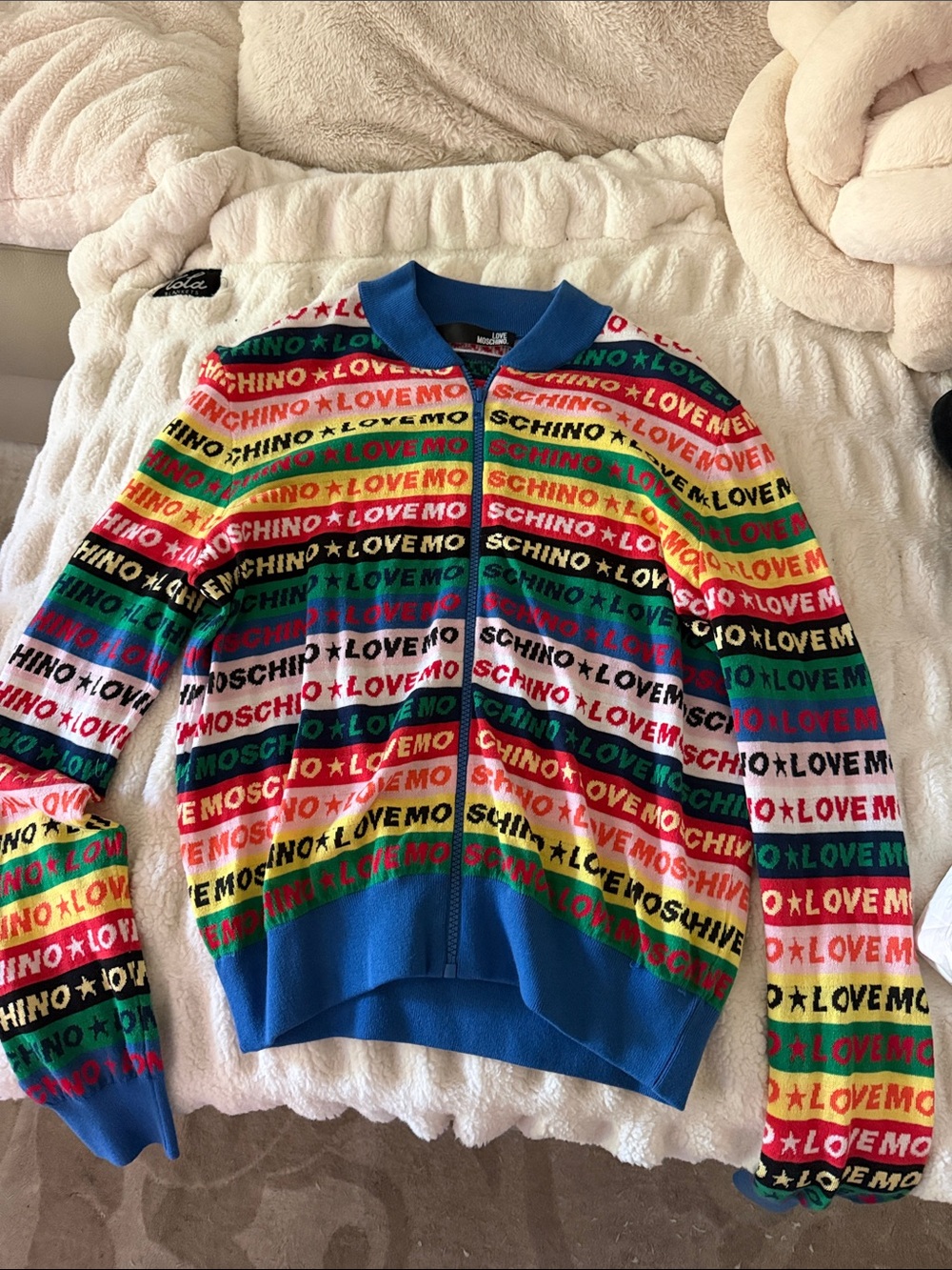 Authentic Moschino Multicolor Logo Zip-Up Sweater with Blue Trim